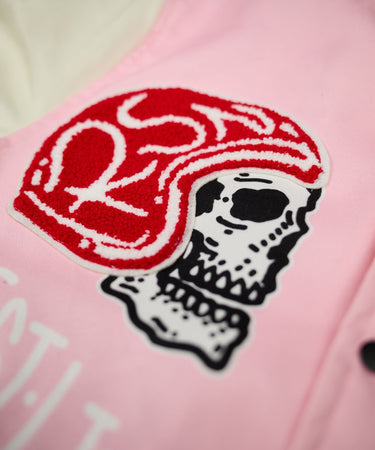 Bridges Burn Chenille Patched Varsity Jacket - Pink