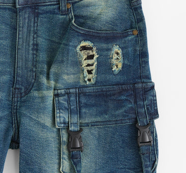 Buckle Strap Denim Shorts - Dark Blue