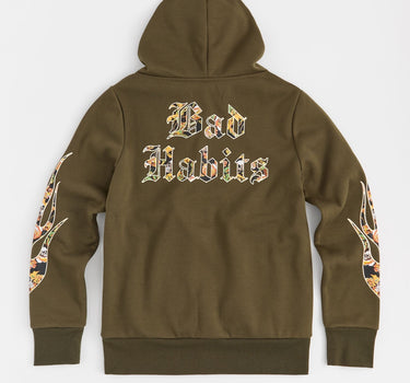 Women Olive Bad Habits Flame Hoodie - Olive Green