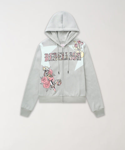 Plus Size Women Rebellion Cropped Zip Up Hoodie - Grey