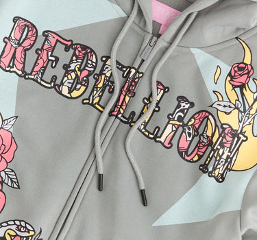 Women Rebellion Cropped Zip Up Hoodie - Grey