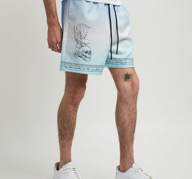 Styx Skulls Linen Texture Allover Print Shorts - Light Blue