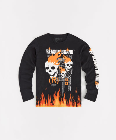 Brad Skull Flame Placement Print Long Sleeve Tee