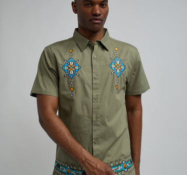 Zona Embroidery Cuban Short Sleeve Shirt - Olive Green