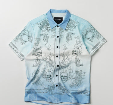 Styx Skulls Linen Texture Short Sleeve Button Down Shirt - Light Blue