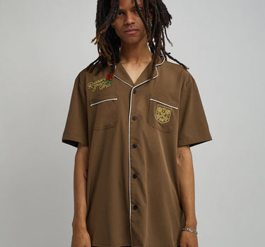 Clubmaster Short Sleeve Embroidered Button Down Shirt - Brown