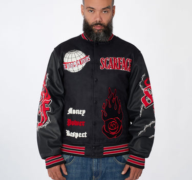 Scarface Vegan Leather Sleeves Chenille Varsity Jacket - Black