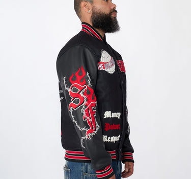 Scarface Vegan Leather Sleeves Chenille Varsity Jacket - Black