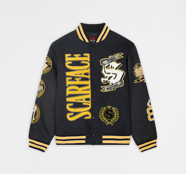 Scarface Varsity Vegan Leather Embroidered Sleeves Jacket - Black