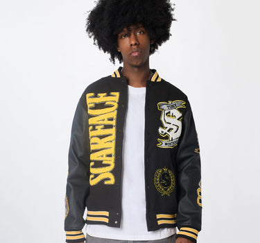 Scarface Varsity Vegan Leather Embroidered Sleeves Jacket - Black