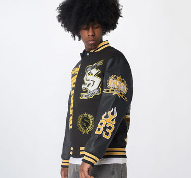Scarface Varsity Vegan Leather Embroidered Sleeves Jacket - Black