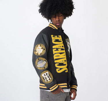 Scarface Varsity Vegan Leather Embroidered Sleeves Jacket - Black