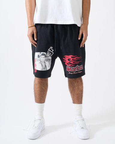 Scarface Money Power Respect Embroidered Fleece Short - Black