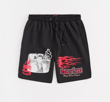 Scarface Money Power Respect Embroidered Fleece Short - Black