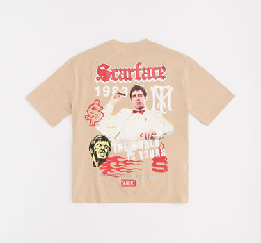 Scarface Embroidery Large Back Print Short Sleeve Tee - Khaki