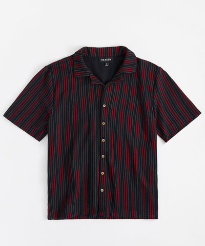 Jacquard Knit Short Sleeve Striped Button Down Shirt - Black