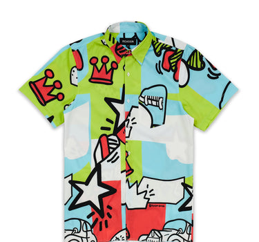 Party Block Comic Print Short Sleeve Shirt - Green