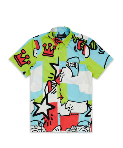 Party Block Comic Print Short Sleeve Shirt - Green