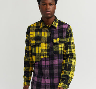 Spliced Checkered Color Blocked Overshirt - Purple