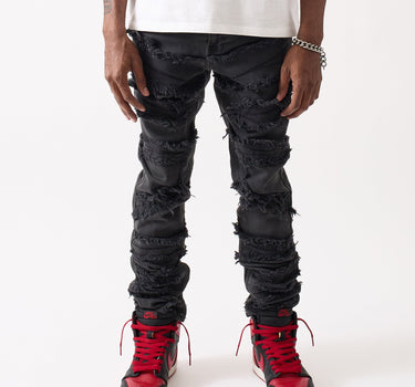 Frayed Layered Denim Jeans - Black