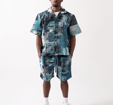 Tapestry Patchwork Textured Button Down Shirt - Blue