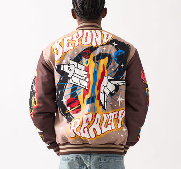 Beyond Reality Embroidered Varsity Jacket - Khaki