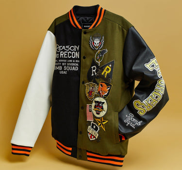 Bomb Squad Wool Multi Patch Varsity Jacket With Back Pocket