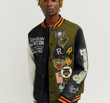 Bomb Squad Wool Multi Patch Varsity Jacket With Back Pocket